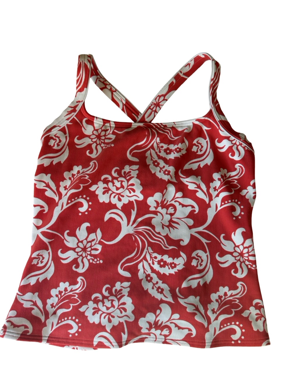 Lands End Square Neck Micro Ribbed Salmon Floral Tankini Top Sz 14